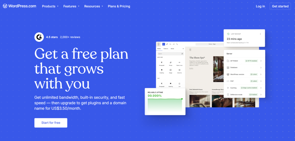WordPress.com হোমপেজ — Get Started বাটন হাইলাইট করা