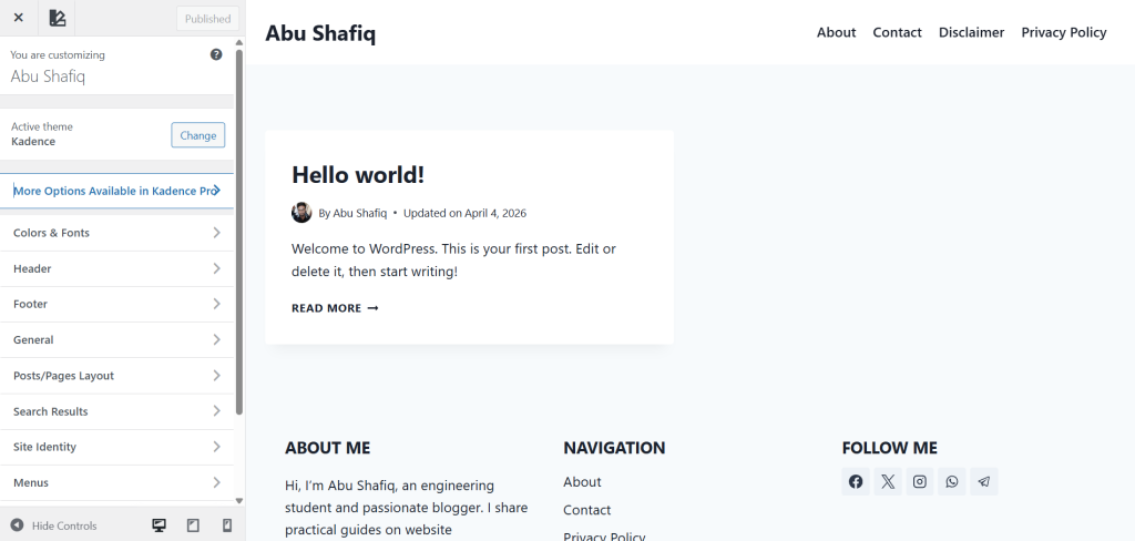 WordPress theme customizer