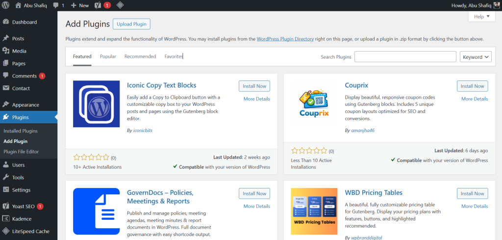 WordPress plugin installation page