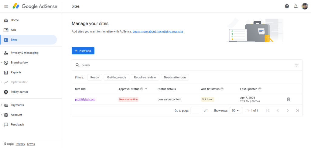 Google AdSense Application Screenshot