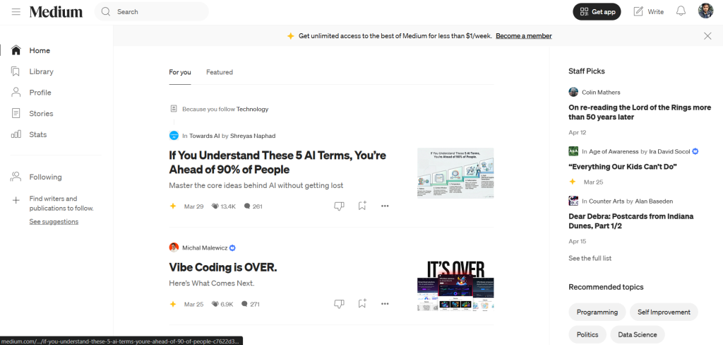 Medium homepage
