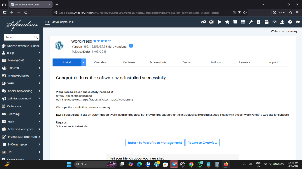 Successfully installed WordPress