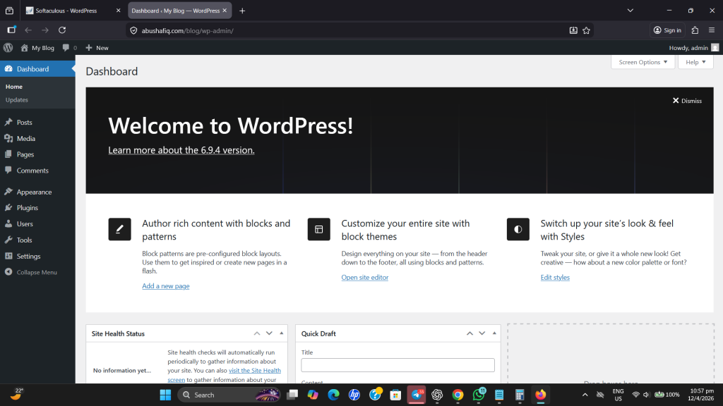 WordPress dashboard