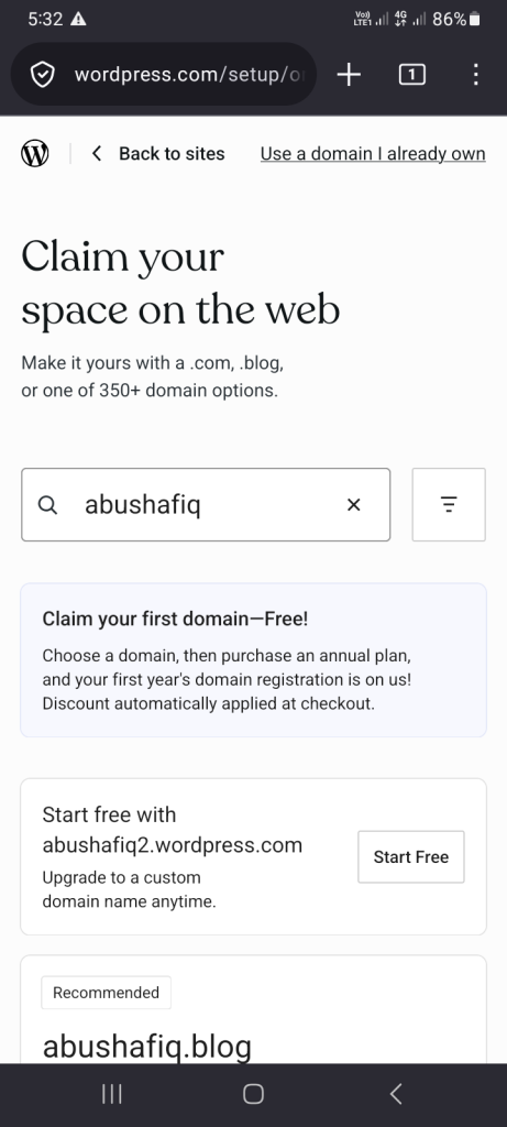WordPress.com প্ল্যান সিলেকশন পেজ — ফ্রি প্ল্যান হাইলাইট করা