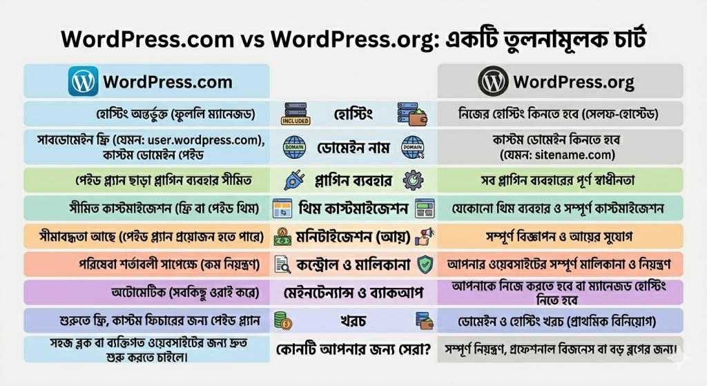 WordPress.com এবং WordPress.org এর সকল পার্থক্য এক নজরে