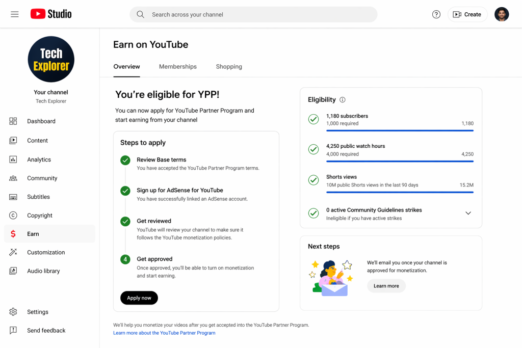 Monetization eligibility in YouTube Studio